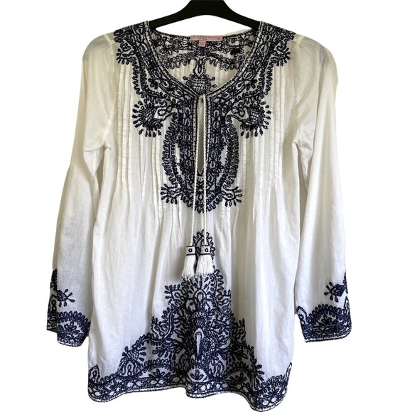 Calypso St Barth Embroidered Pleated Beaded Long Sleeve Tunic Beachy Coastal Top - Picture 2 of 13